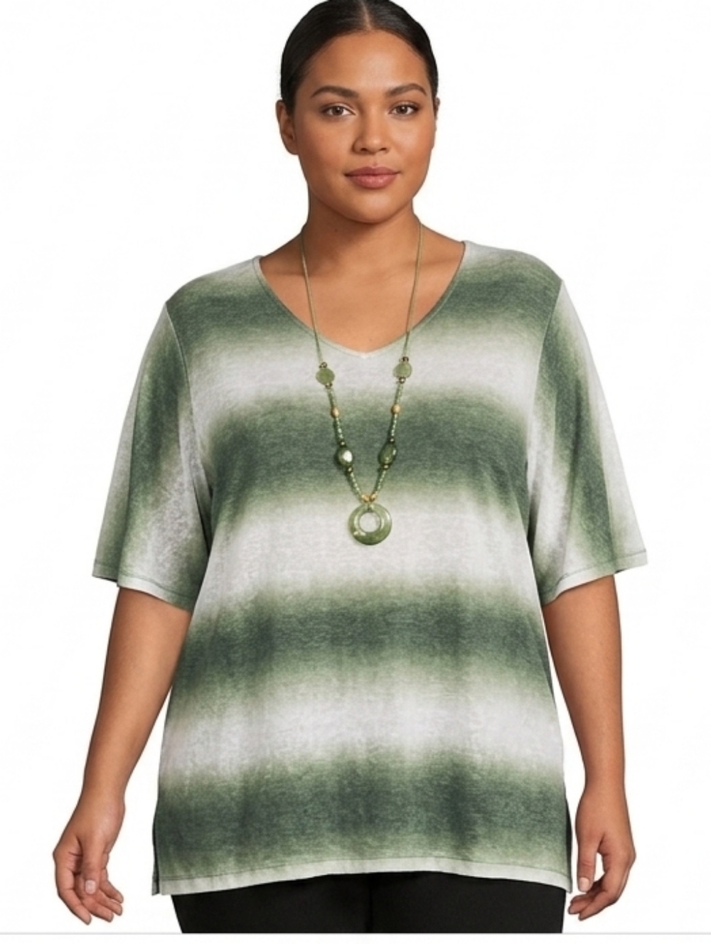 NWT Alfred Dunner Green Ombre Striped V-Neck Top with Necklace